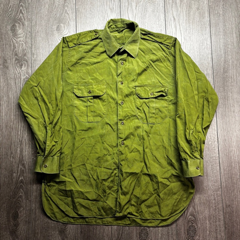 Vintage Military Field Shirt Mens XL Olive Green Button Down Epaulet Utility